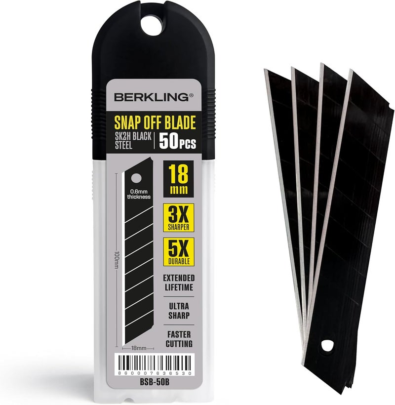 Berkling 18mm Utility Knife Blades, 50 PCS | SK2H Blackened Steel | 3x Sharper & 5x More Durable Than SK5 | Fits All 18mm Utility Knives & Box Cutters - Image 1